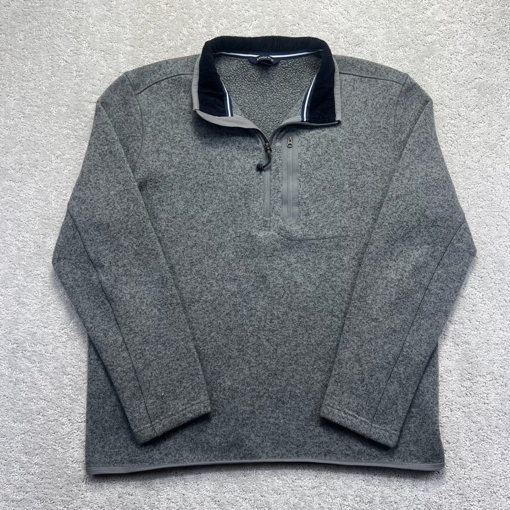 Lands End Pullover Sweater Mens Large Gray Quarter Zip Fleece Corduroy Trim